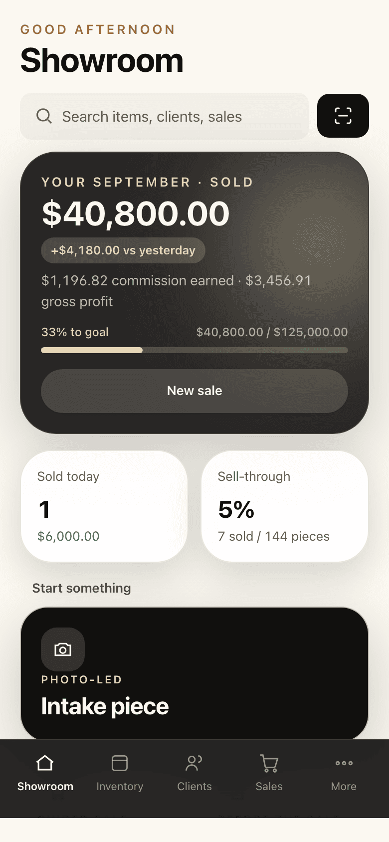 The home screen on a phone: the month's sales, commission earned, and what needs attention today.