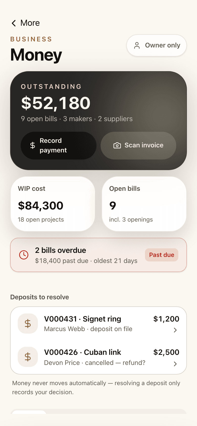 The workshop money screen on a phone: outstanding, open bills, and deposits to resolve.