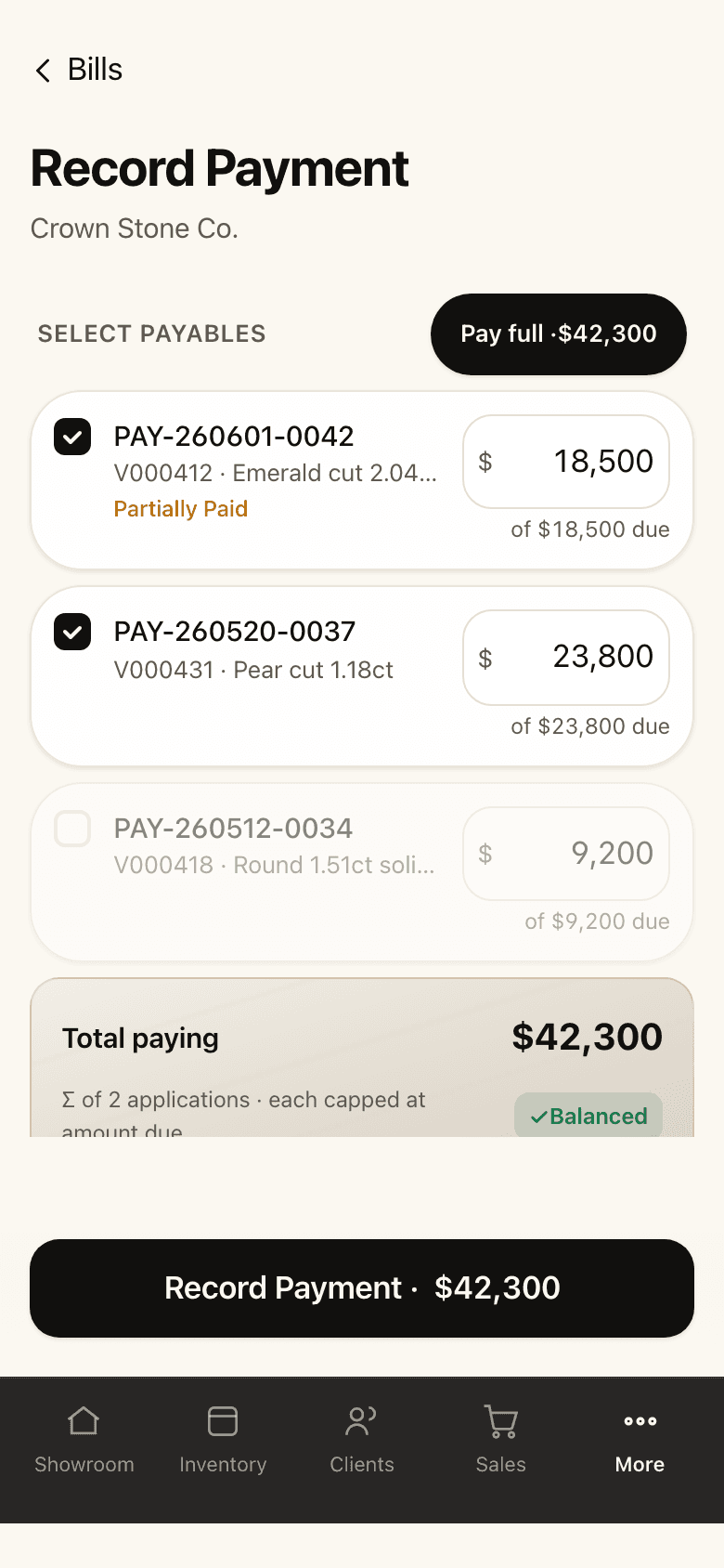 Record payment on a phone: bills selected, amounts applied, total paying.