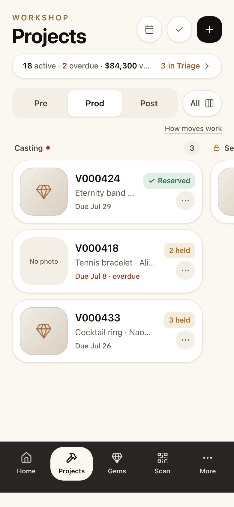 The projects board on a phone: active, overdue, value, and cards by stage.