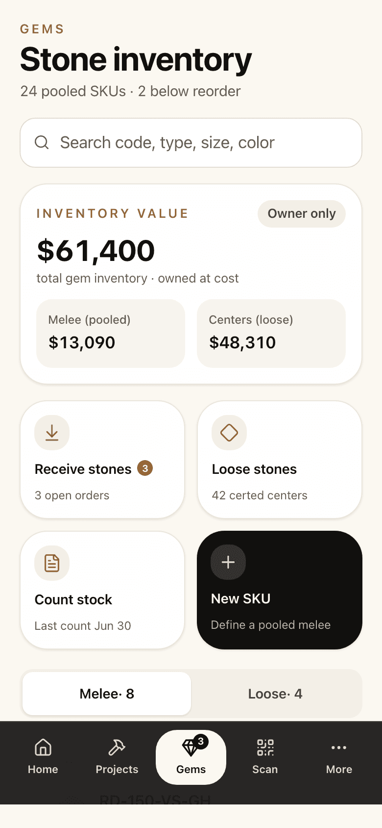 Stone inventory on a phone: total value, melee and centers, receive and count actions.