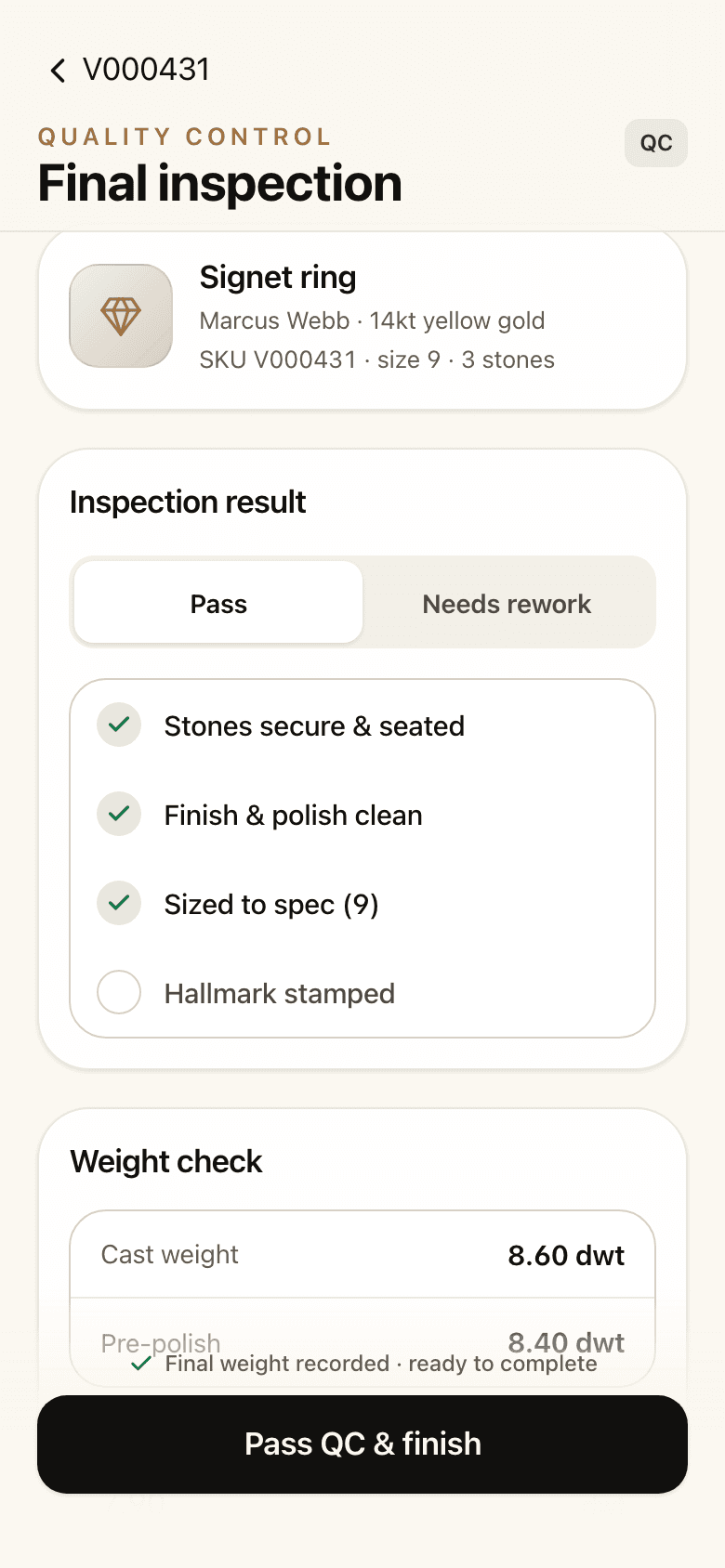 Final inspection on a phone: pass or needs rework, a checklist, and the weight check.